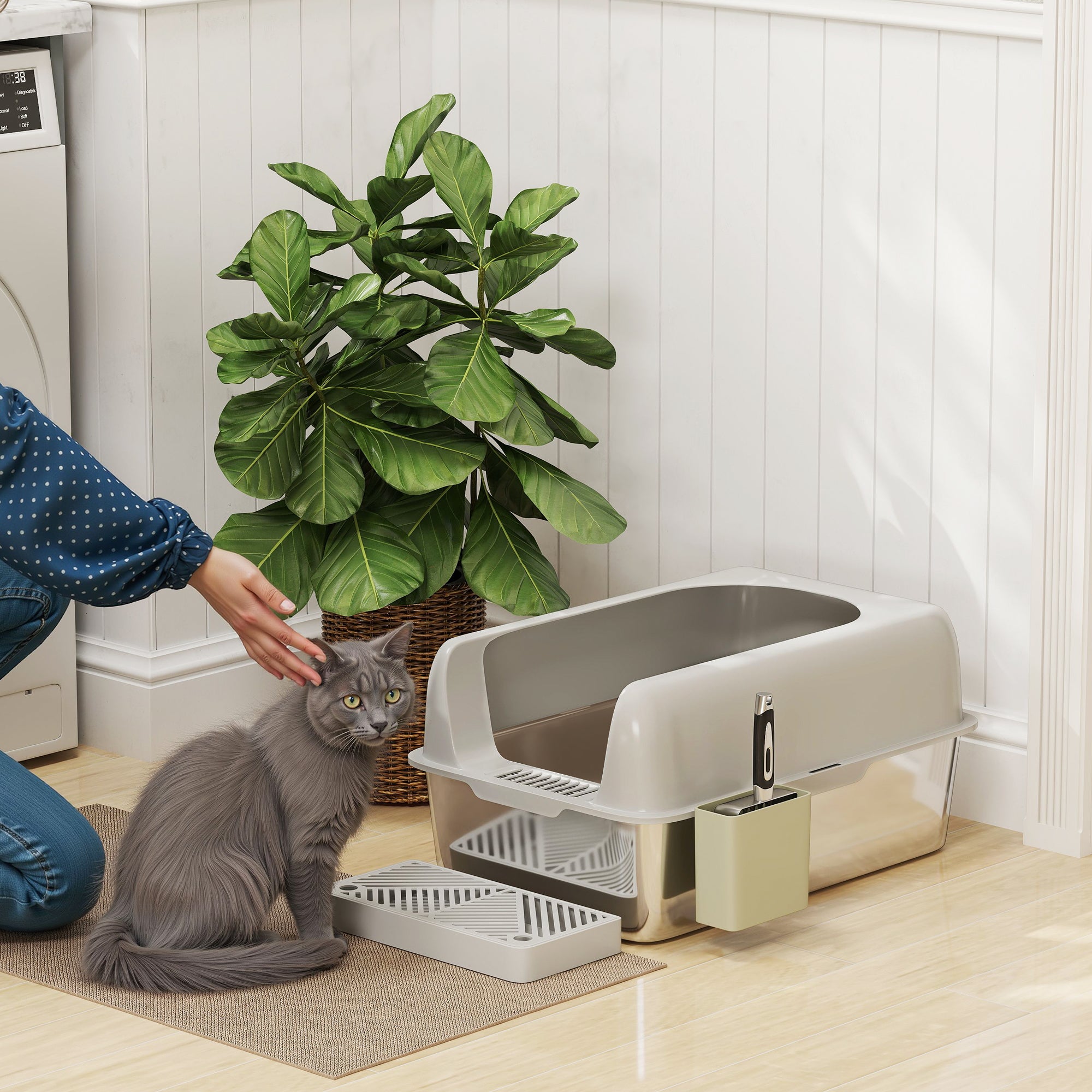 Cat Litter Box with Step, Scoop and Storage Box, in Stainless Steel and ABS, 60.2x40.6x29 cm, Light Grey