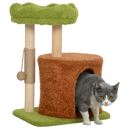 Cat Scratching Tree with House, Bed and Toy Ball, Made of Wood and Plush, 44x33x61 cm, Green