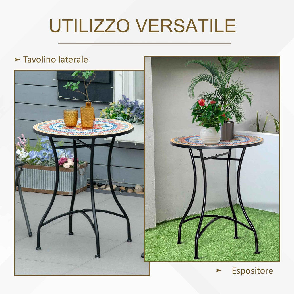 Round Garden Table Ø60cm in Metal and Mosaic, Outdoor and Indoor Furniture, Red