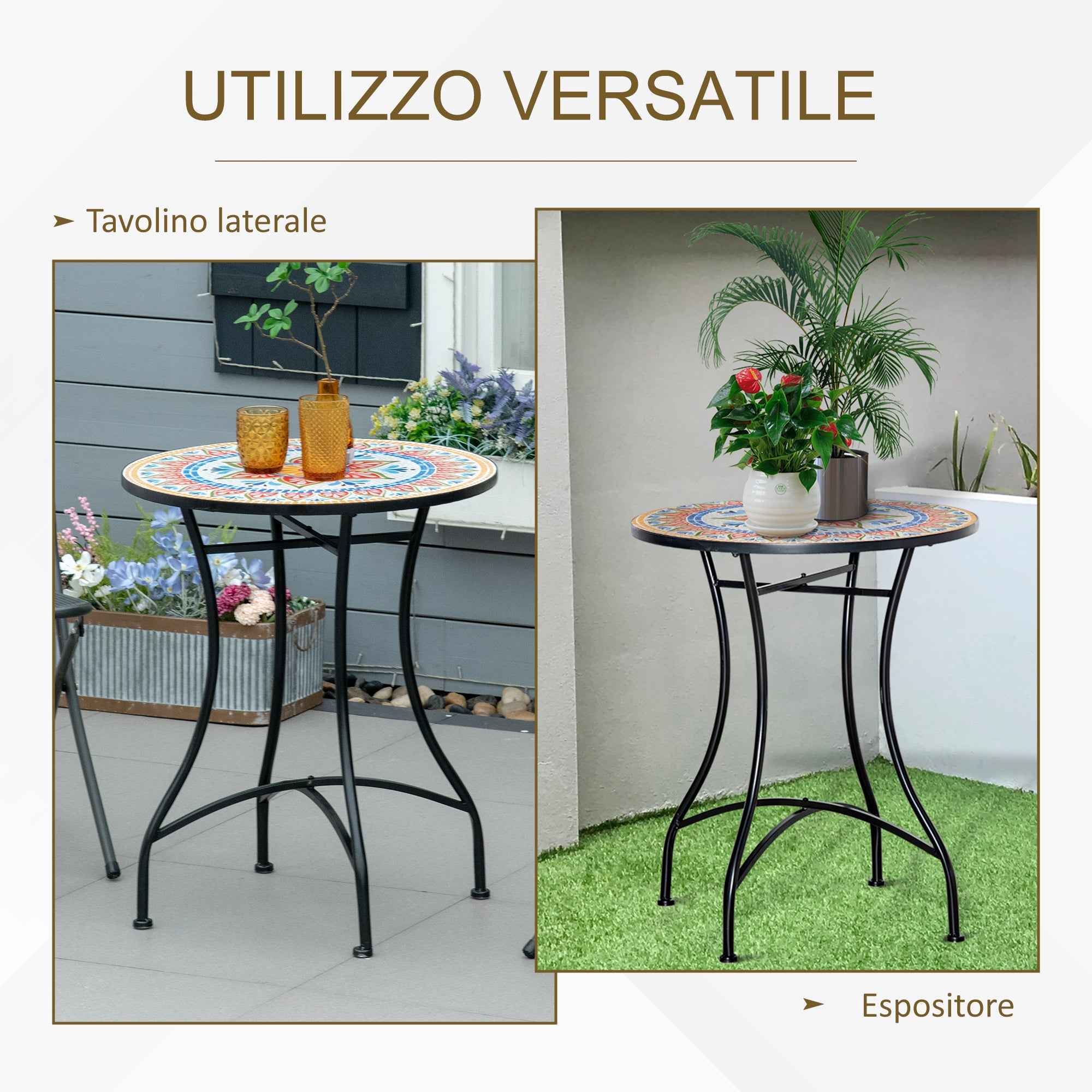 Round Garden Table Ø60cm in Metal and Mosaic, Outdoor and Indoor Furniture, Red