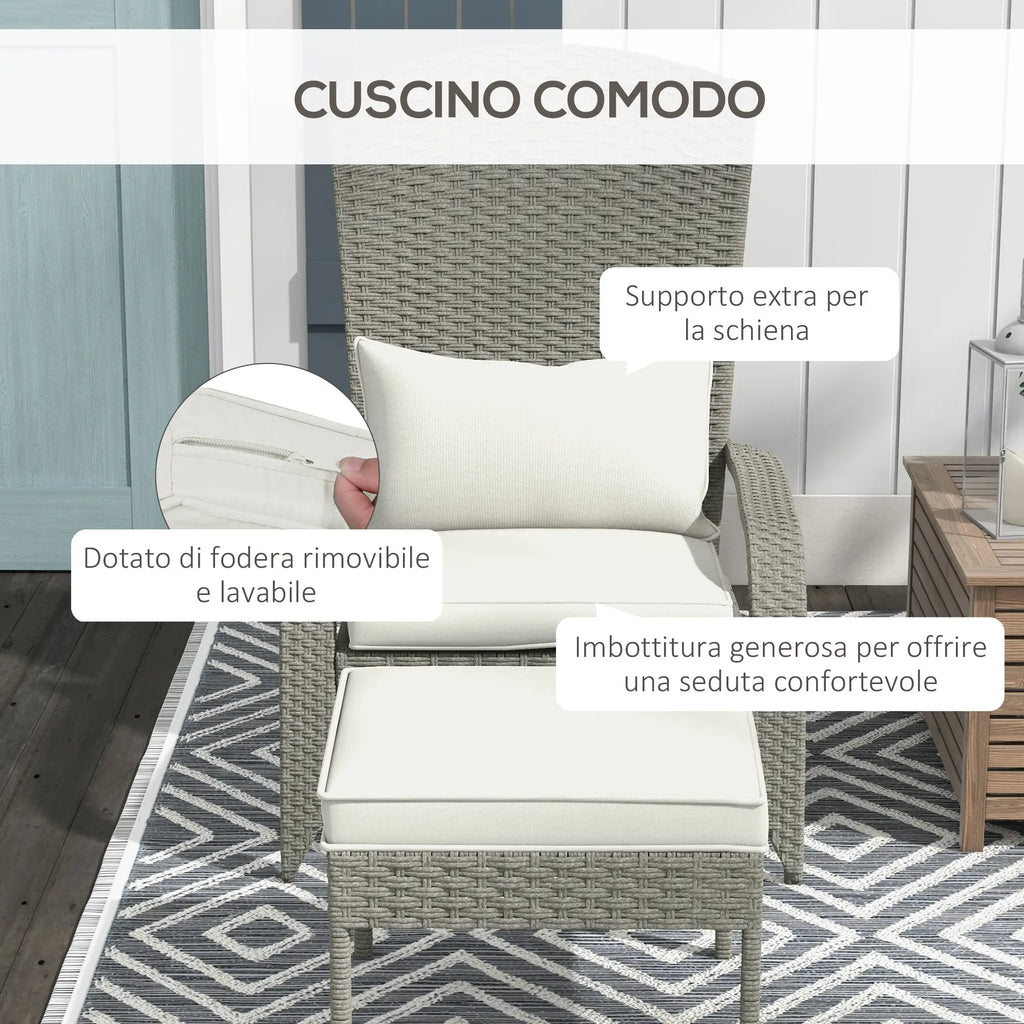 Garden Chair with Footrest and Padded Cushions, in Rattan and Steel, 64x82x89 cm, Grey and Cream
