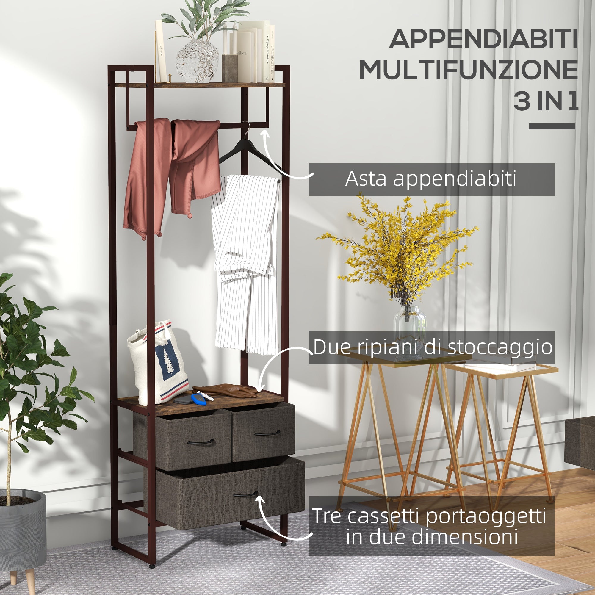 HOMCOM Floor Coat Hanger with Rod, 3 Drawers and Shelves, in MDF Wood and Steel, 58.5x30x178 cm, Brown - Borgè