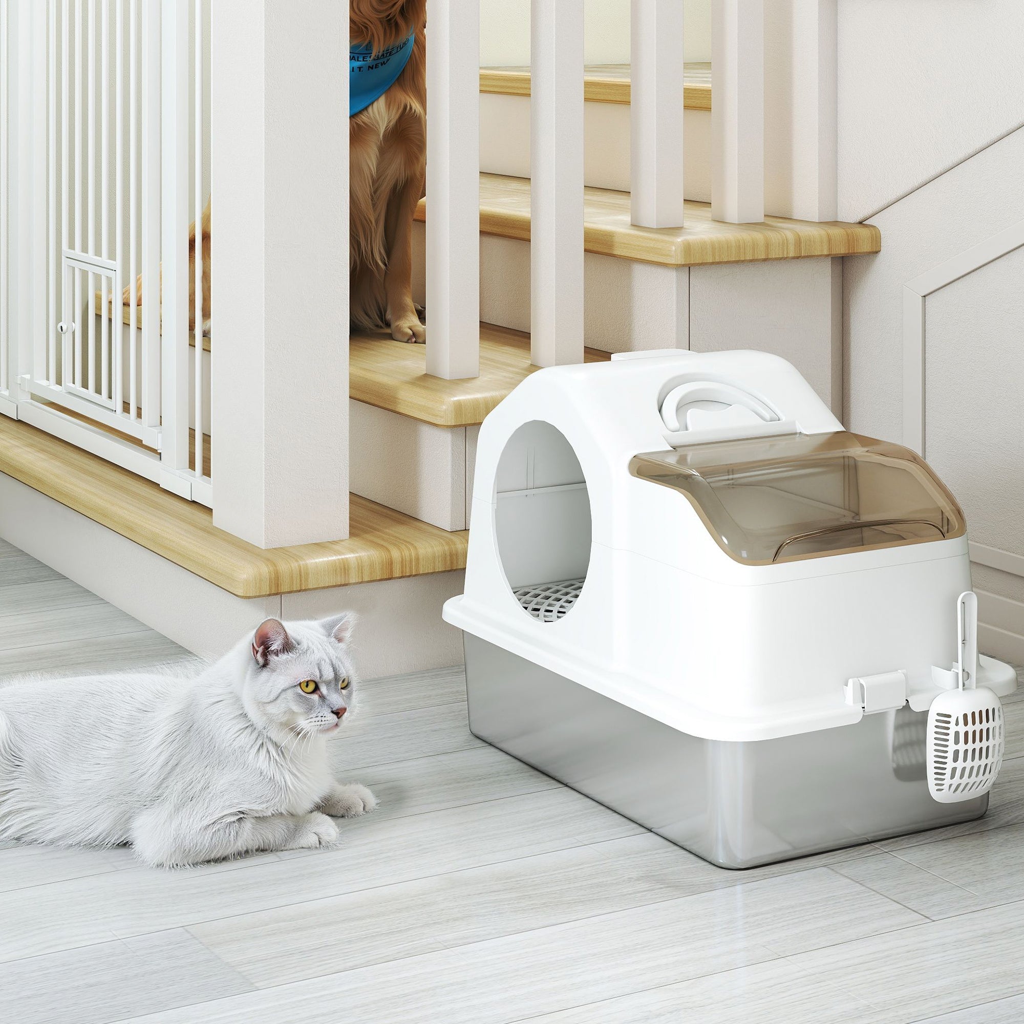 Enclosed Cat Litter Box with 2 Mats, Stainless Steel, ABS and PP, 60.5x40.5x42 cm, White and Silver
