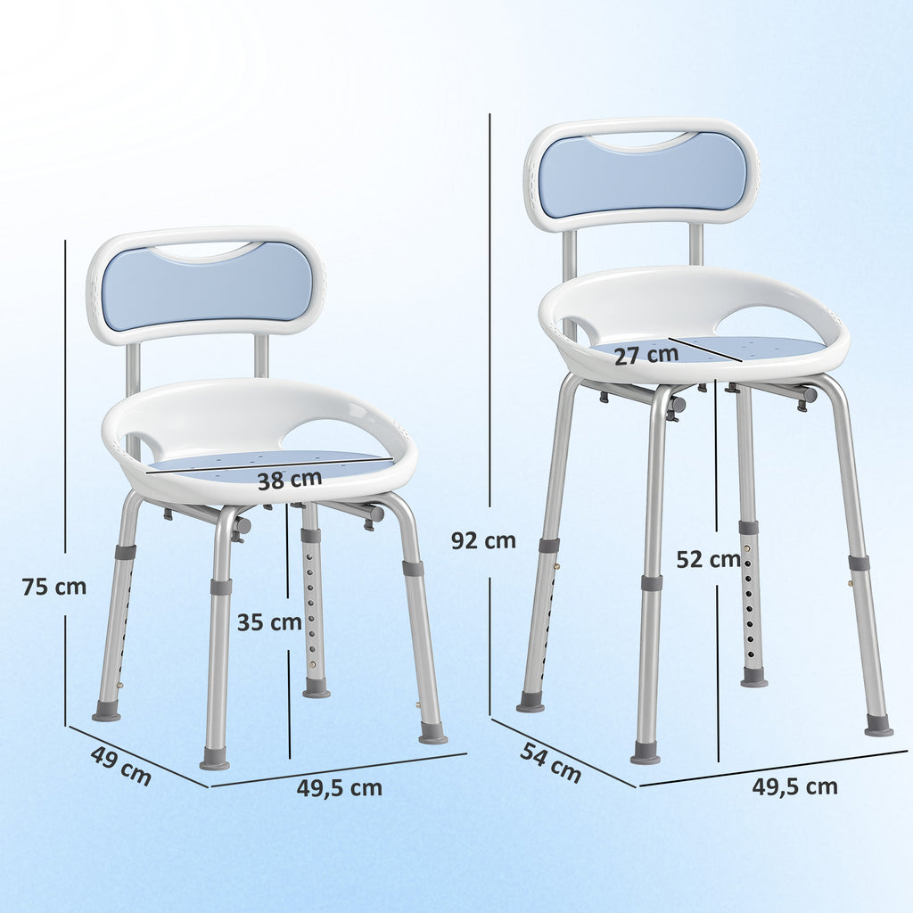 HOMCOM Shower Chair with Backrest and Perforated Seat, 8 Adjustable Heights, Non-Slip, Load Capacity 136kg, Blue