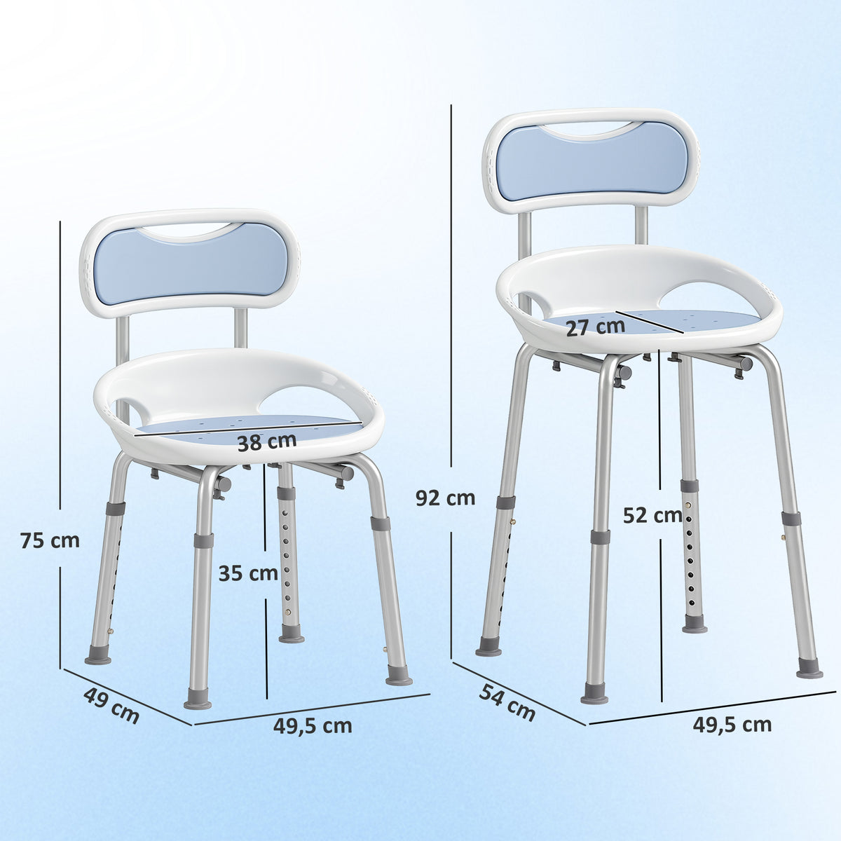 HOMCOM Shower Chair with Backrest and Perforated Seat, 8 Adjustable Heights, Non-Slip, Load Capacity 136kg, Blue