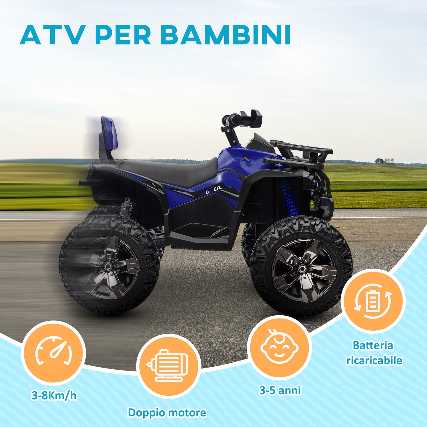 Electric Quad for Children 3-5 Years at 12V with Headlights and Pedal, in PP and Metal 100x65x73 cm, Blue