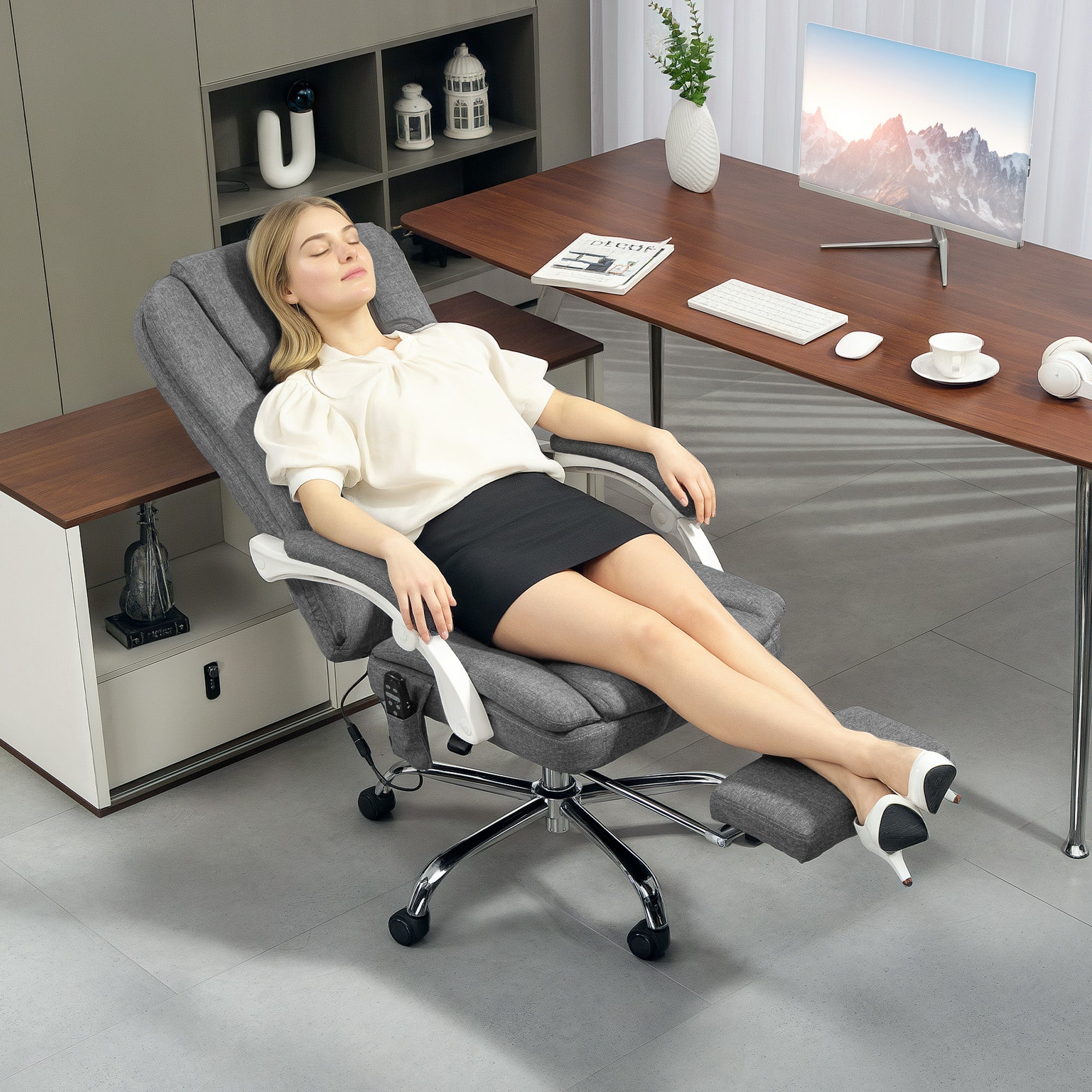 Heated Massage Office Chair, Reclining Linen Fabric Chair with Footrest, Grey