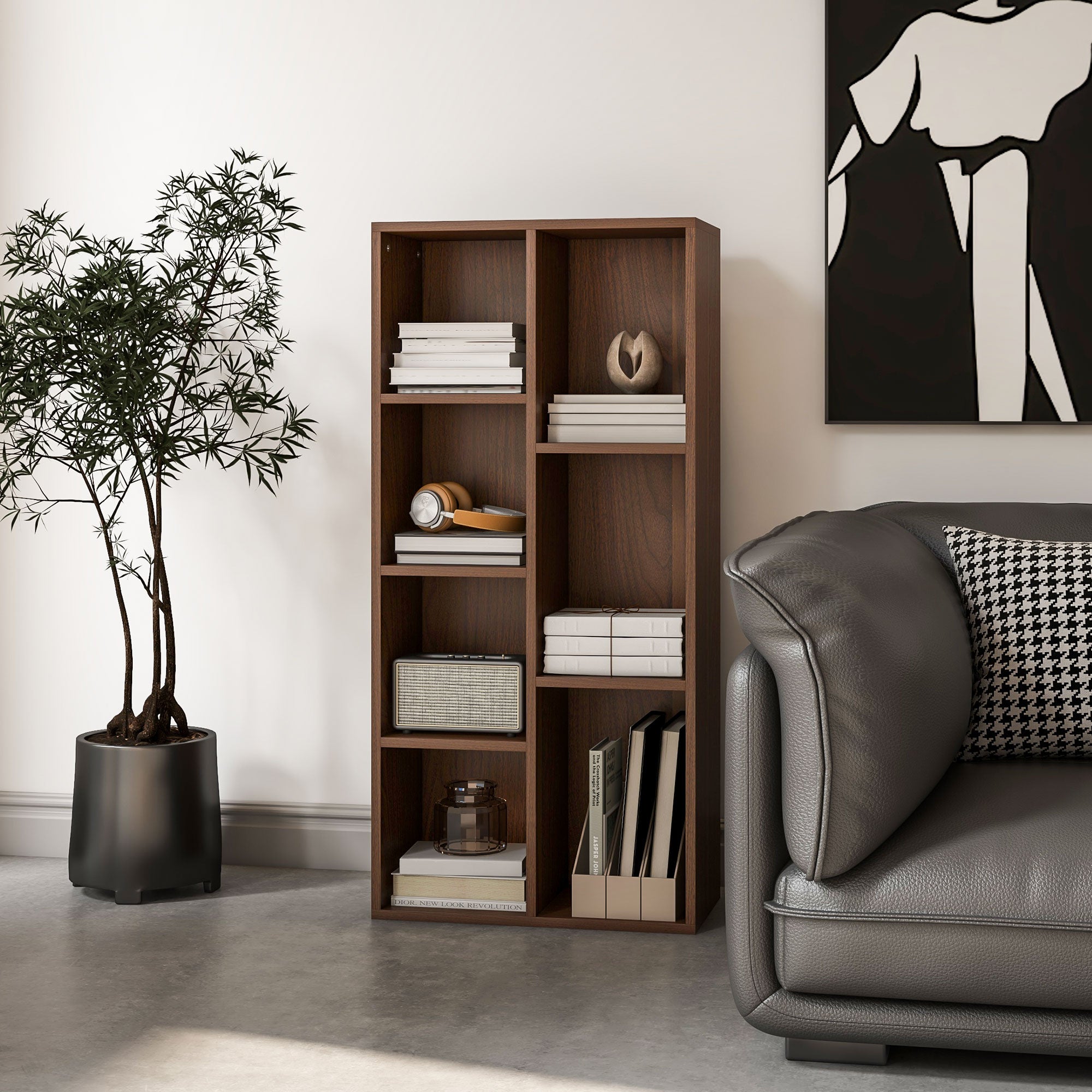 Wooden Cube Bookcase with 7 Shelves of Different Sizes, 50x24x106 cm, Walnut Color
