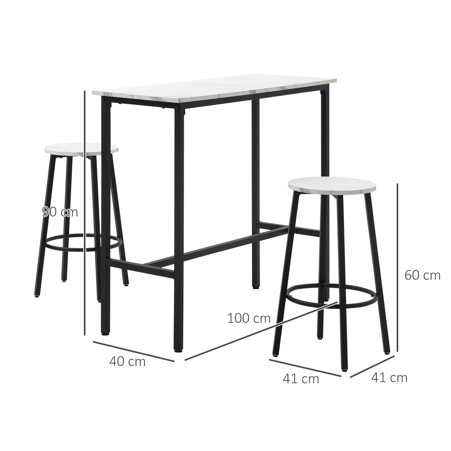 MARLI - 3 Piece Set with Rectangular Table and 2 Bar Stools in Chipboard, MDF and Steel, White and Black