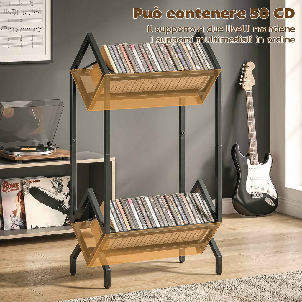 HOMCOM 50 CD Holder, 2-Tier Metal Vinyl Record Rack for DVDs, Books, Albums, Black