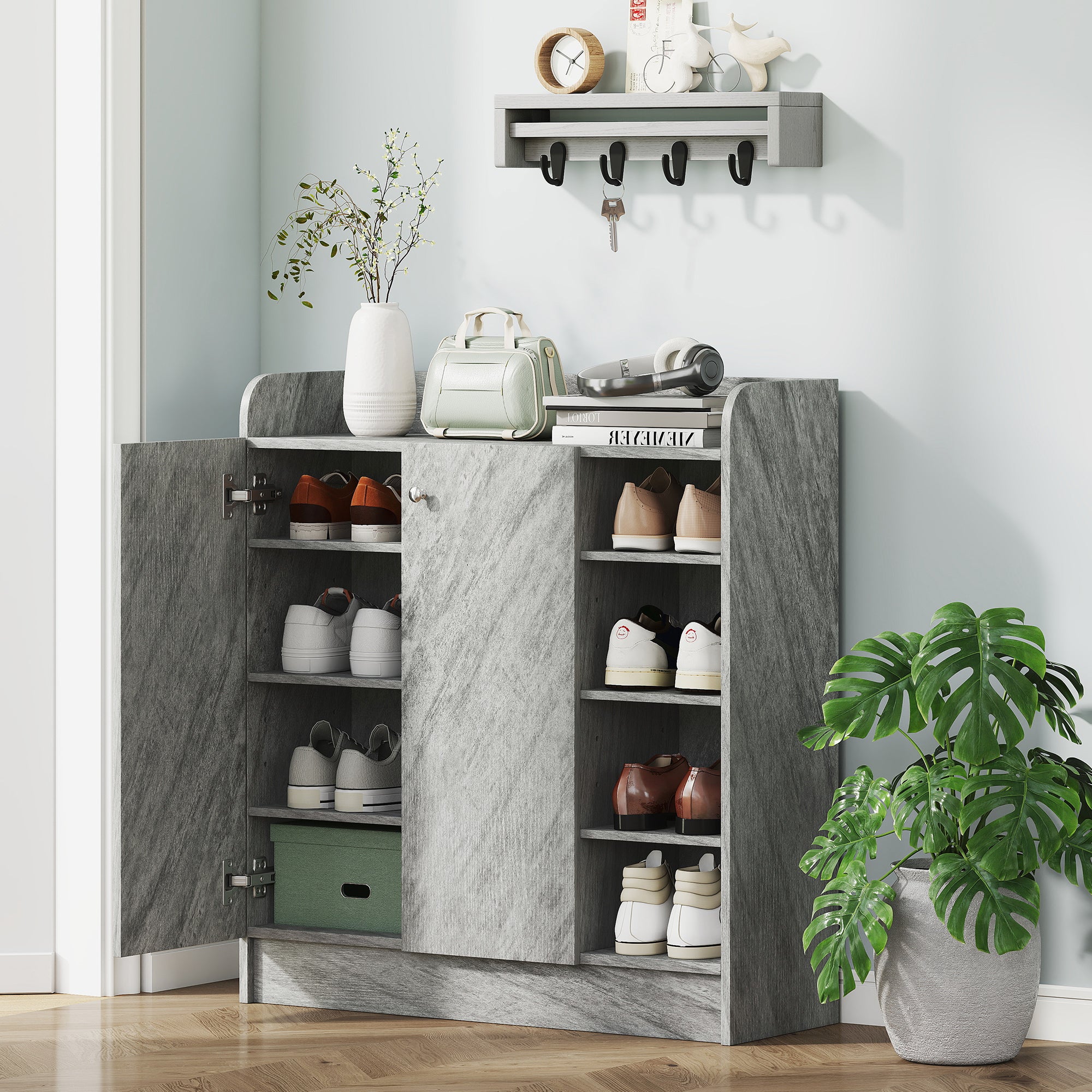 Modern Wooden Shoe Rack with 4 Open Shelves and 12-Pair Storage, 83x30x90 cm, Cement Grey