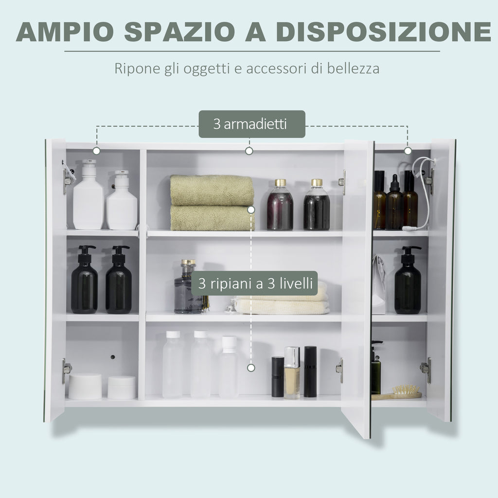 kleankin Bathroom Mirror Cabinet with 3 Cabinets, 3 Shelves and LED Light, 90x15x65 cm, White - Borgè