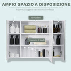kleankin Bathroom Mirror Cabinet with 3 Cabinets, 3 Shelves and LED Light, 90x15x65 cm, White - Borgè