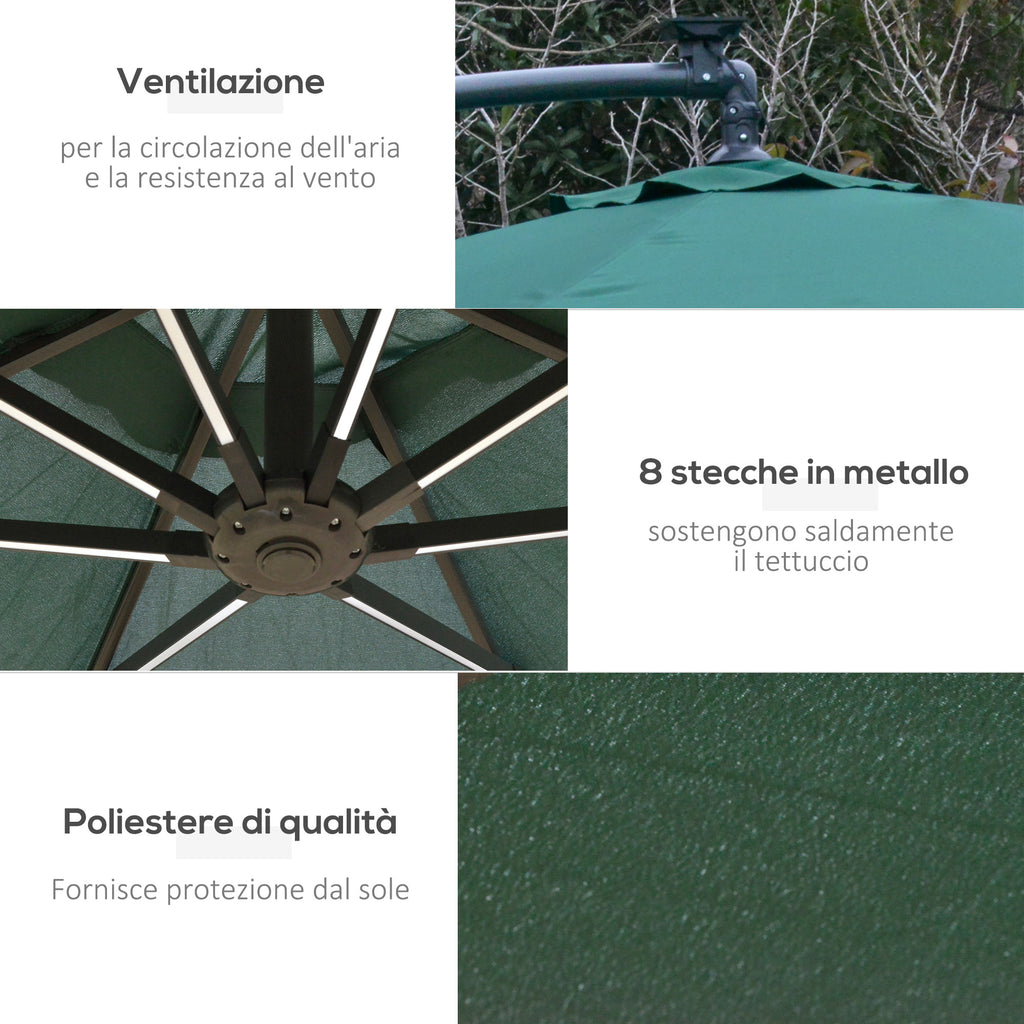 Garden Umbrella Ø3x2.5 m with Crank Arm and 8 Solar-Powered LED Strips, Green