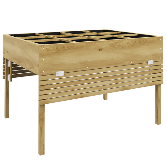 Outsunny raised wooden vegetable garden with 2 folding shelves and 12 separate areas, 122x91.5x89cm, natural wood - Borgè