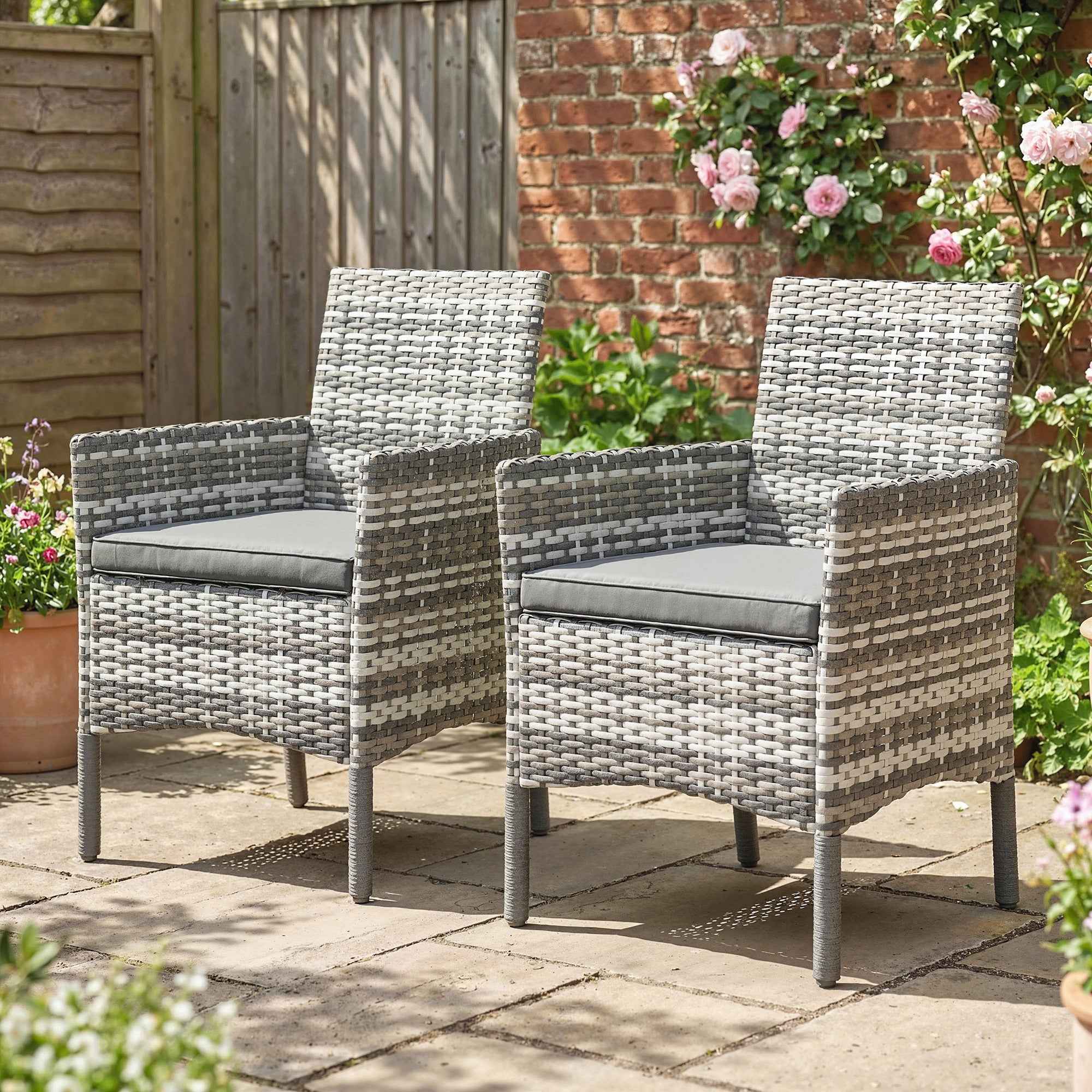 Outsunny Set of 2 Rattan Garden Chairs with Cushions and Armrests, Grey