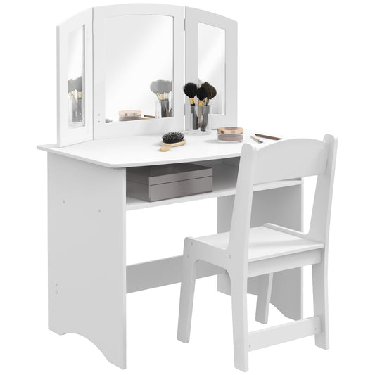 Kids Makeup Set with Removable Triple Mirror Dressing Table and White Wooden Chair