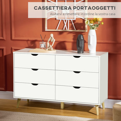 HOMCOM Chest of 6 Drawers with Laminate Handles, in Pine Wood, 120x40x76 cm, White and Wood Color - Borgè