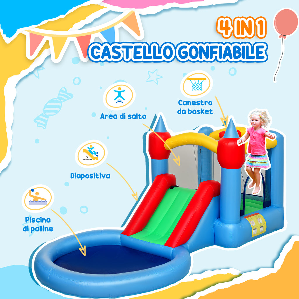 4-in-1 Inflatable Trampoline, Slide, 415x205x190cm, Multicolored