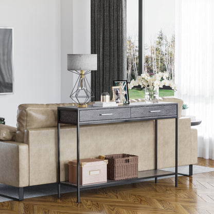 Industrial Style Wood and Steel Entryway Console Table with 2 Drawers, 120x30x81.5cm, Grey