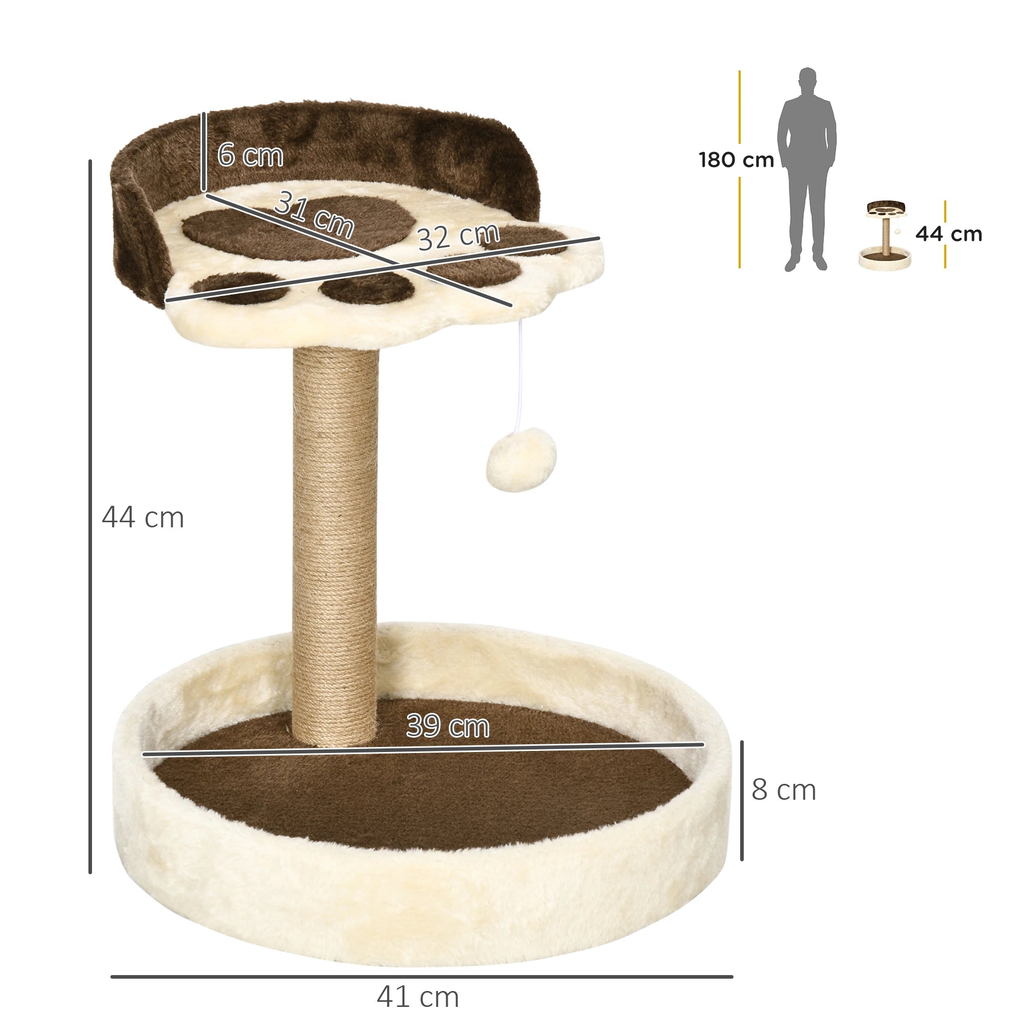 Cat Scratching Pole for Cats up to 5kg with Bed and Play Ball, in Chipboard, Plush and Jute Rope, 41x41x44 cm - Borge' Group Limited
