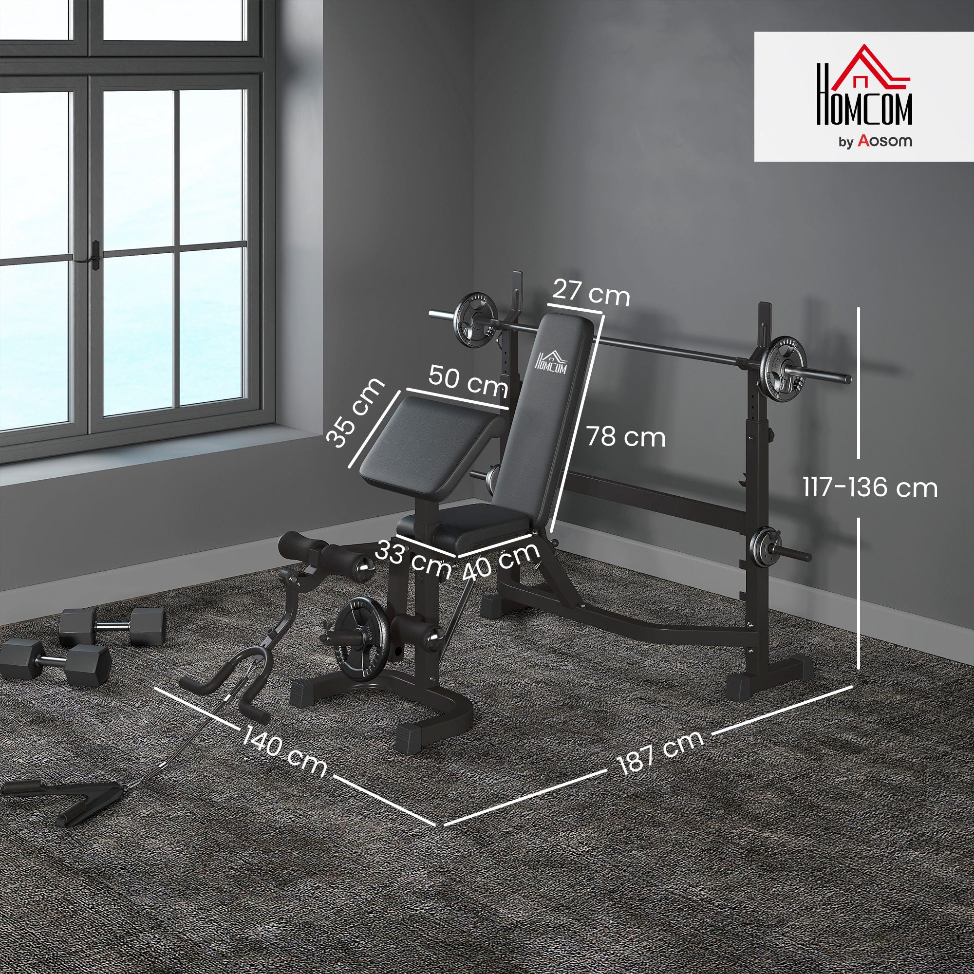 HOMCOM Adjustable Multifunctional Weight Bench with Barbell Rack, Steel and PU, 73.5x55x46-53.5 cm, Grey and Black