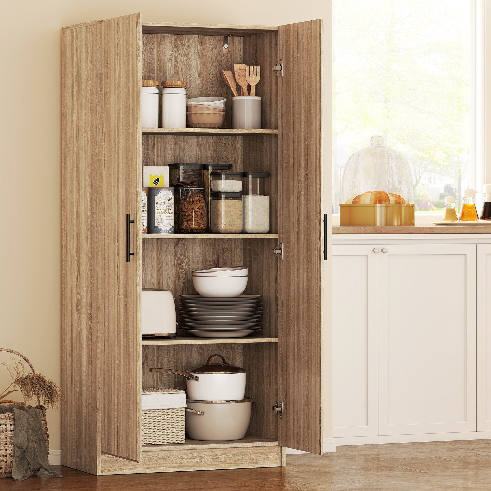 Modern Kitchen Sideboard with 2 Adjustable Shelves and Soft-Close Doors, 75x40x165 cm, Wood