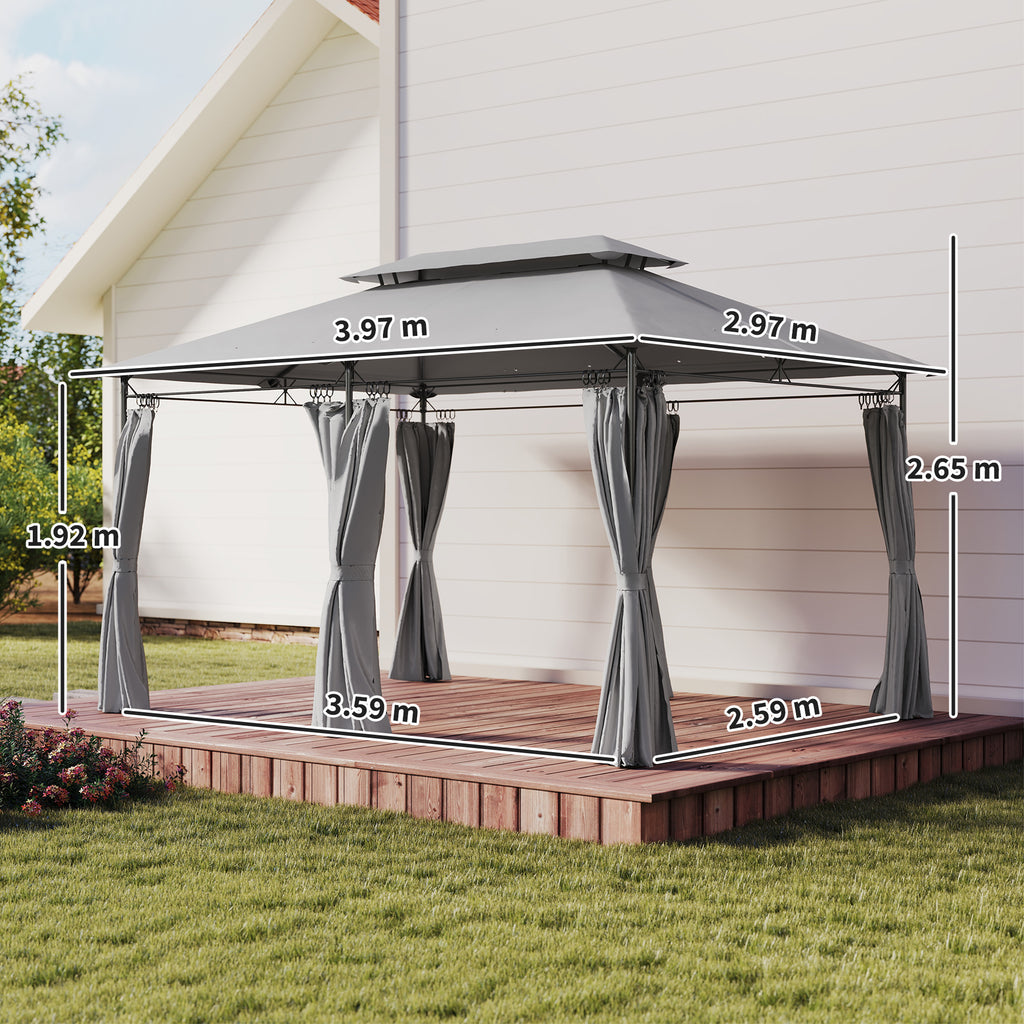 Outsunny 3x4m Garden Gazebo with Removable Curtains, Double Roof and Metal Frame, Grey