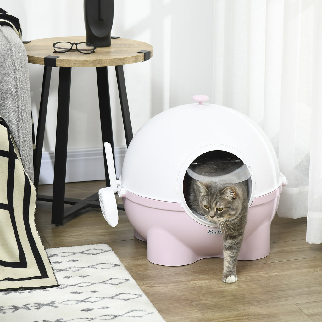 Cat Litter Box 4kg Max with Lid and Scoop Included, 53x51x48 cm, White and Pink