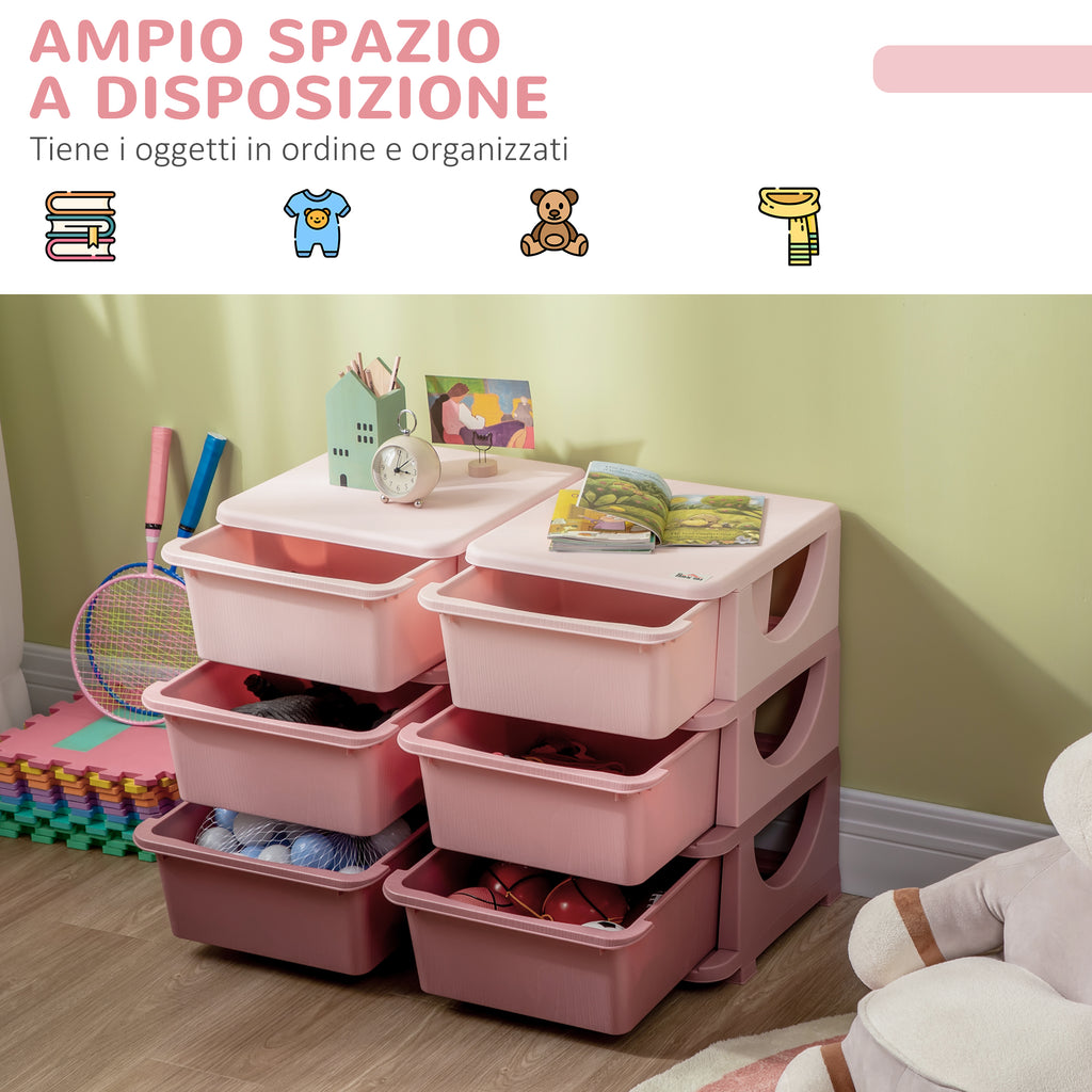 6-Drawer Children's Dresser with Rounded Edges, Pink PP, 75 x 37 x 56.5 cm
