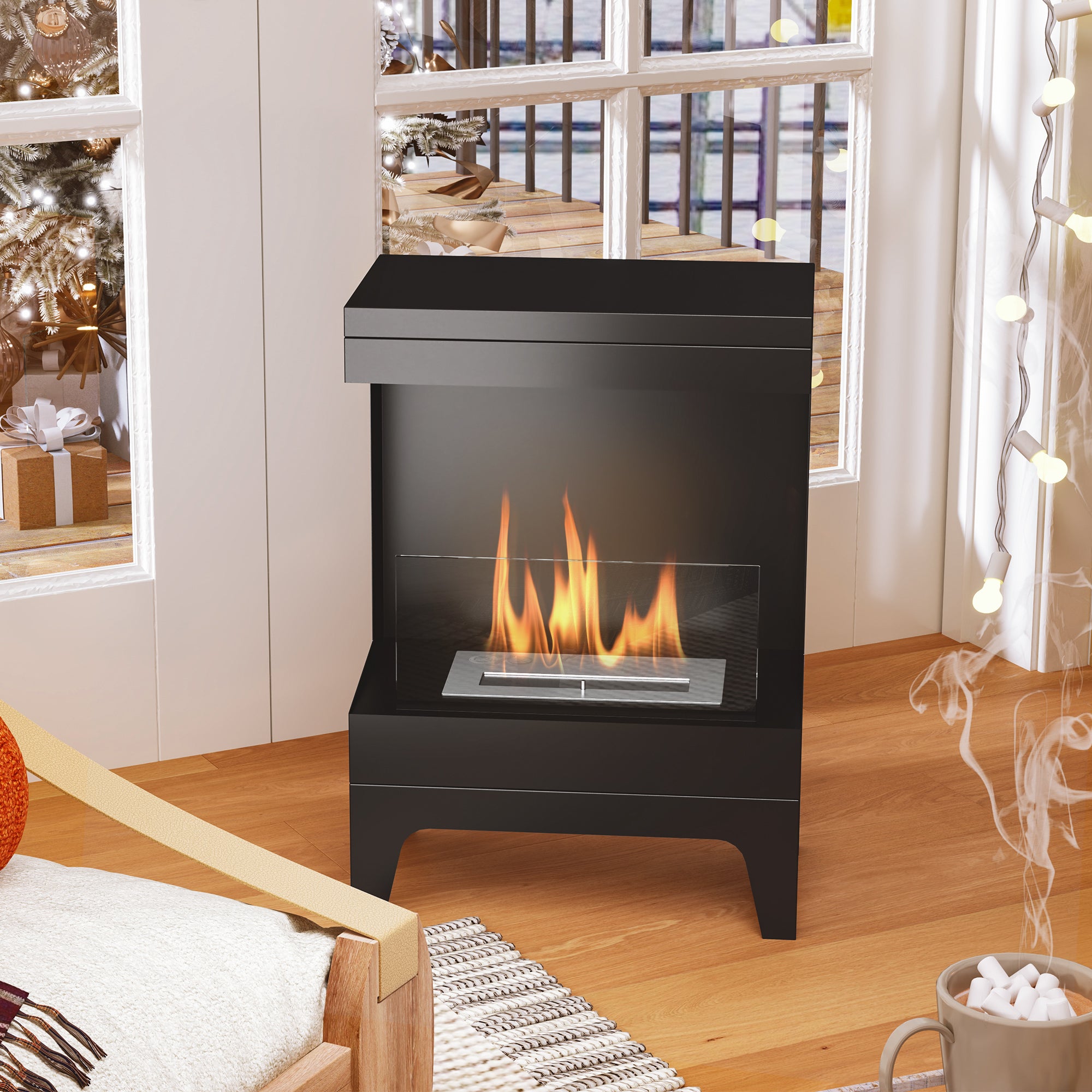 Freestanding Bioethanol Fireplace with 0.9L Burner and 3.3 Hours Burn Time, 38x22x54 cm, Black