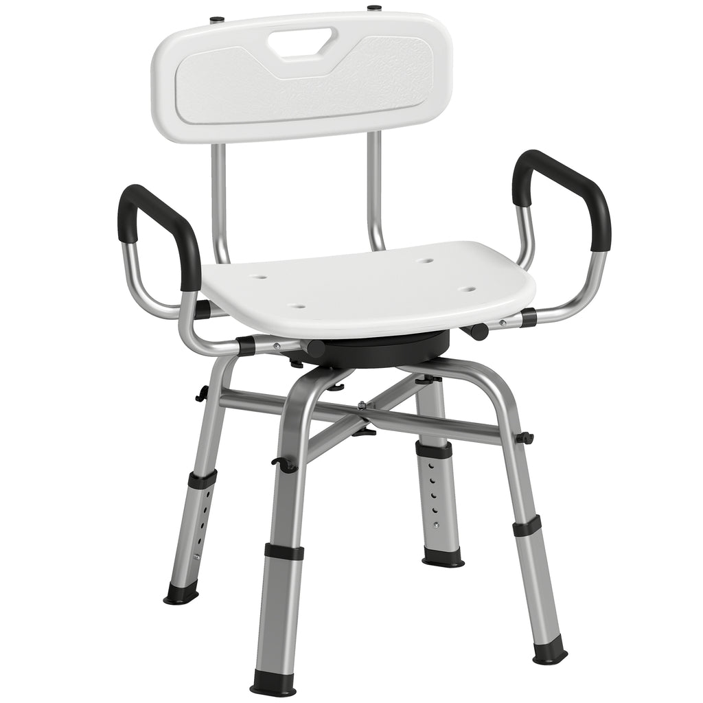 HOMCOM Height-Adjustable Swivel Shower Chair with Armrests, Backrest, 150kg Capacity, White