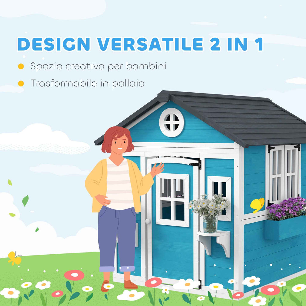Outsunny Children's Playhouse for 3-8 Years Old with Pots and Planters, Made of Fir Wood, 114x126.4x135 cm, Blue