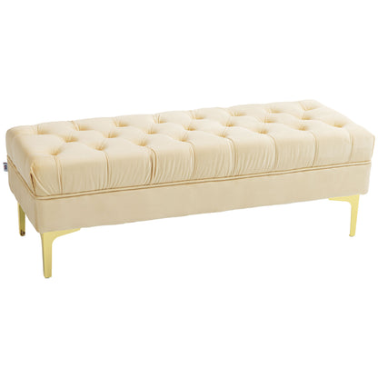 Padded Bed End Bench with Quilted Velvet Effect Fabric Covering, 118x45x42 cm, Beige