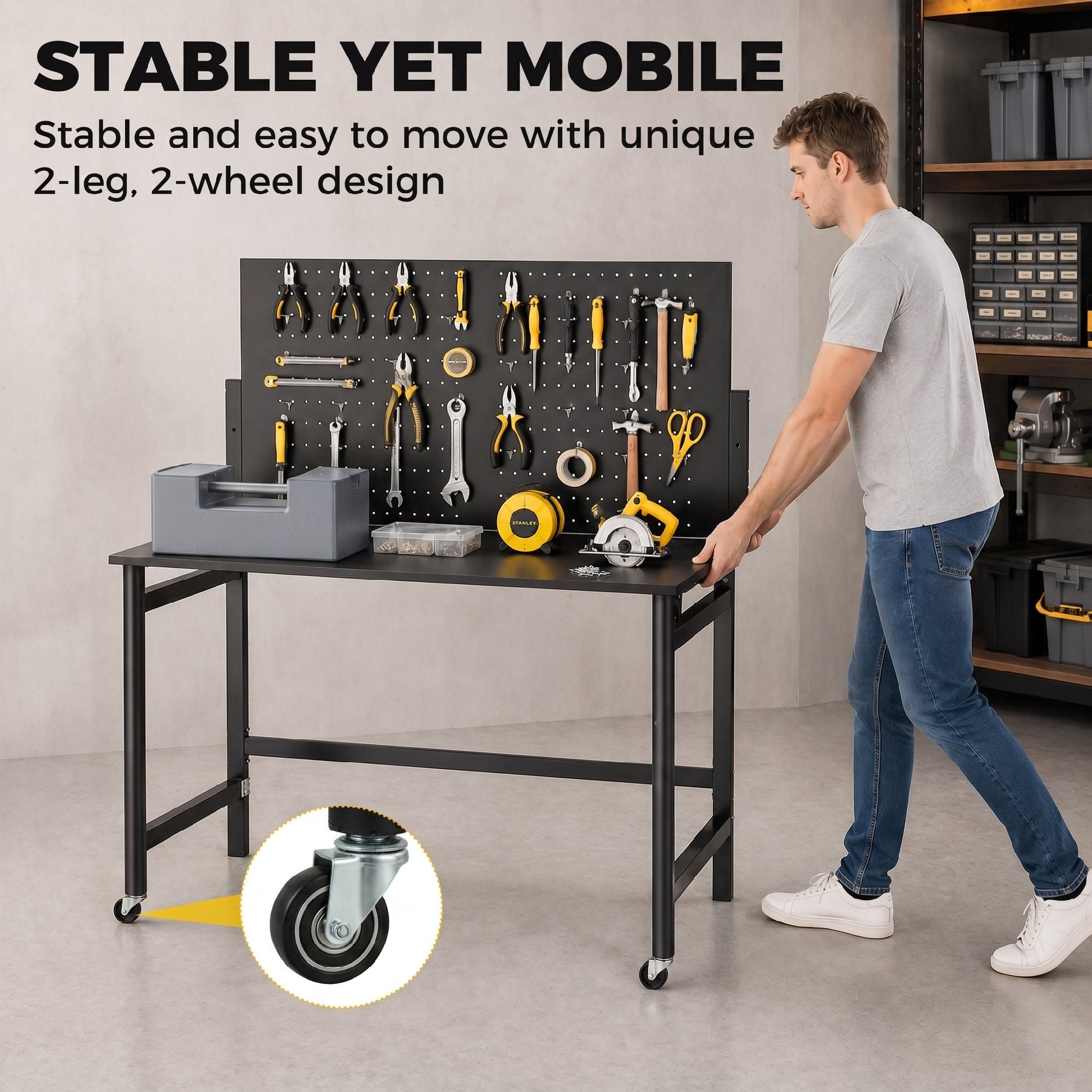 HOMCOM Portable Folding Workbench with Perforated Panel, Thick Wood Top, Steel Frame, Black