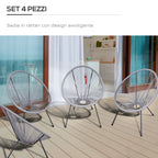 Set of 4 Oval Garden Chairs in PE Rattan and Metal in Boho Chic Style, Light Grey
