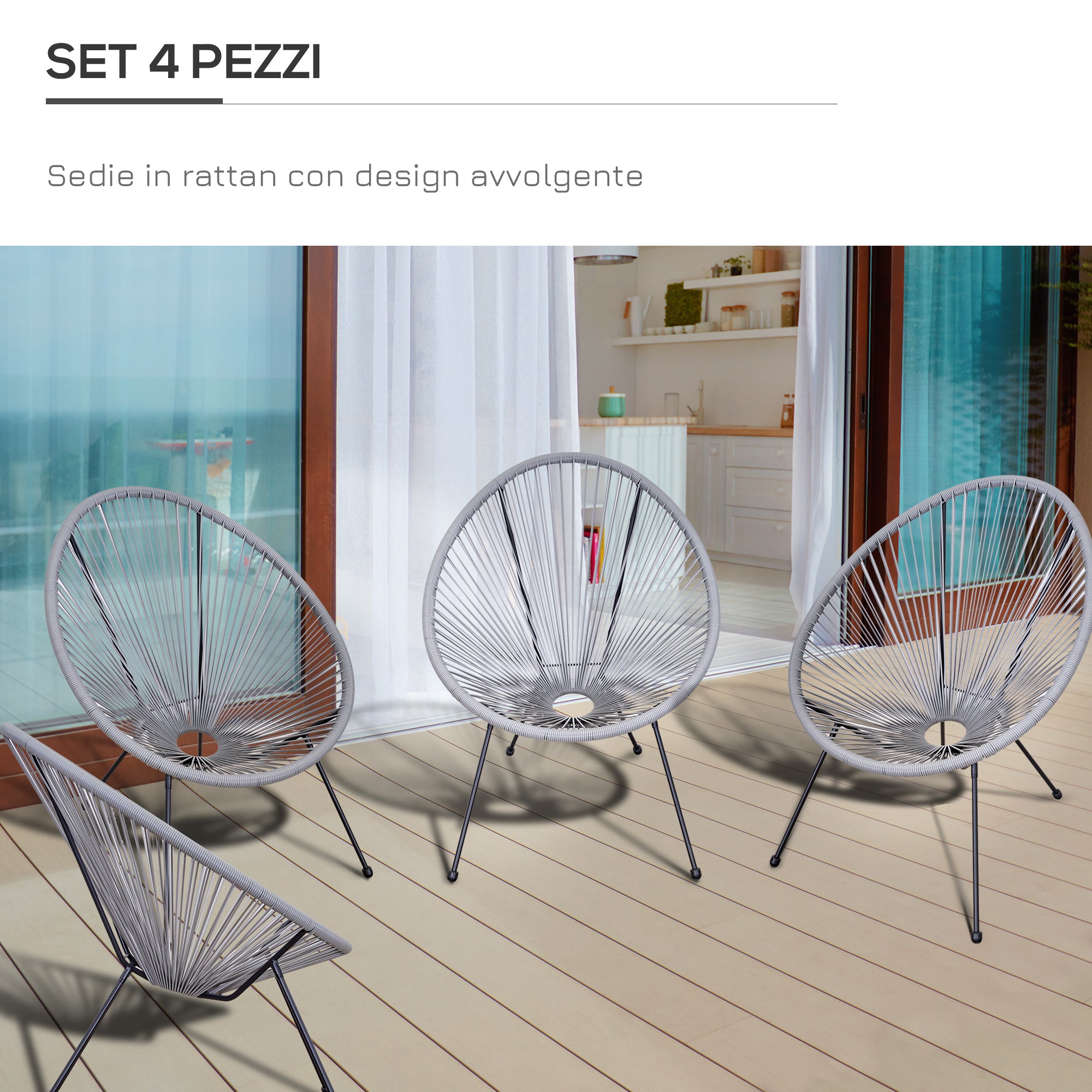 Set of 4 Oval Garden Chairs in PE Rattan and Metal in Boho Chic Style, Light Grey