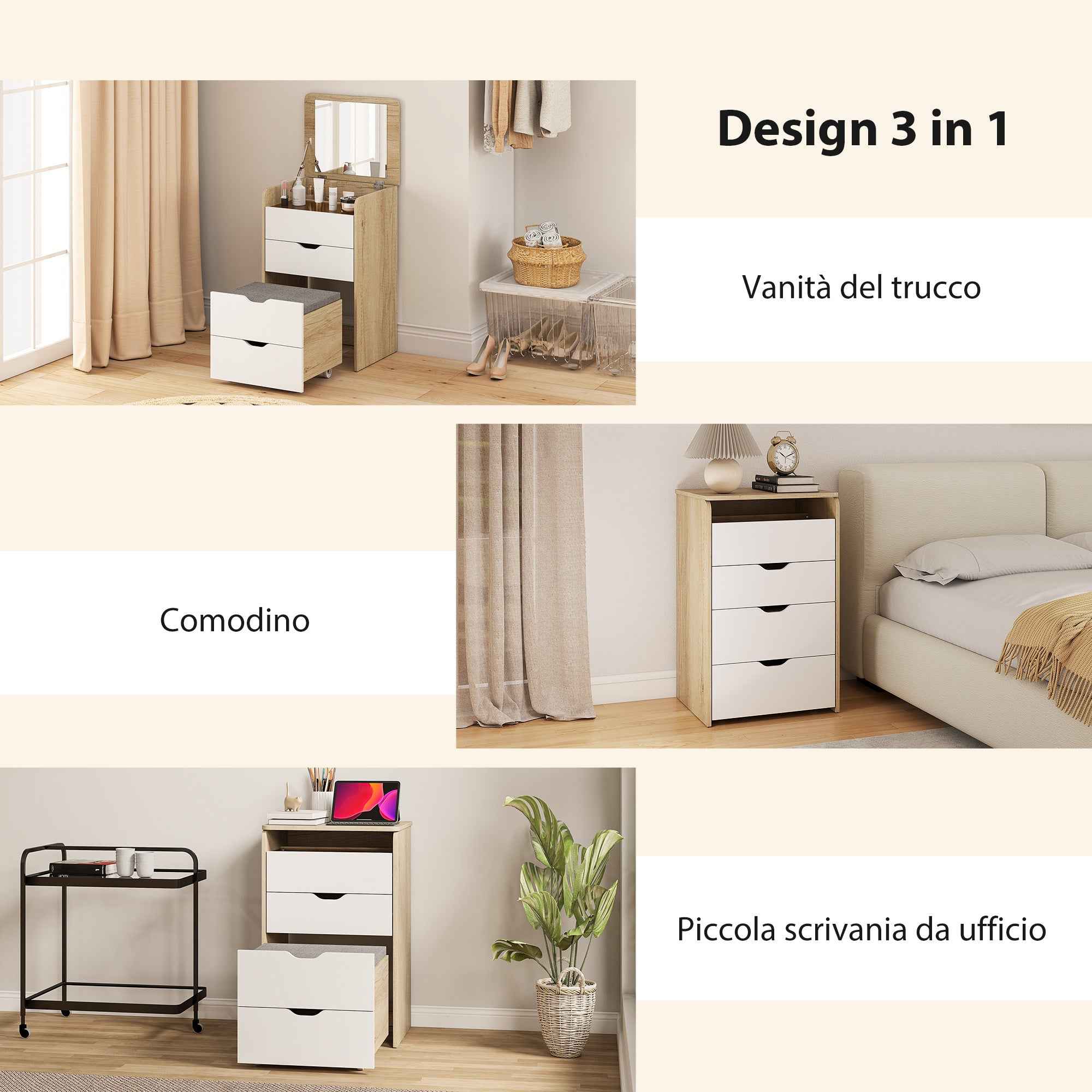 HOMCOM 3-in-1 Dressing Table with Mirror, Storage, 2 Drawers and Stool, Wooden, 50x40x78 cm, White and Oak