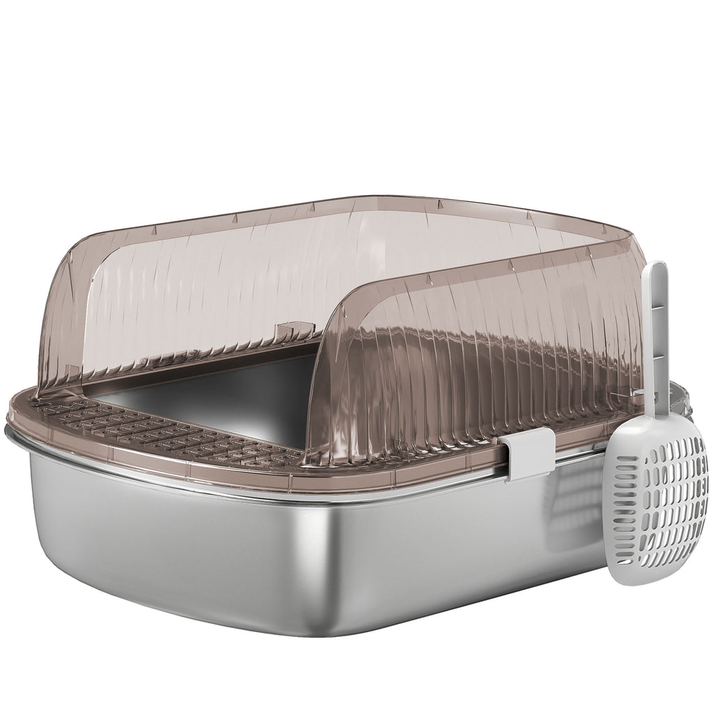 PawHut Extra Large Cat Litter Box with Stainless Steel Tray, Scoop, High Edges, Up to 15 kg, Charcoal Grey