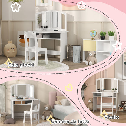 Kids Makeup Set with Removable Triple Mirror Dressing Table and White Wooden Chair