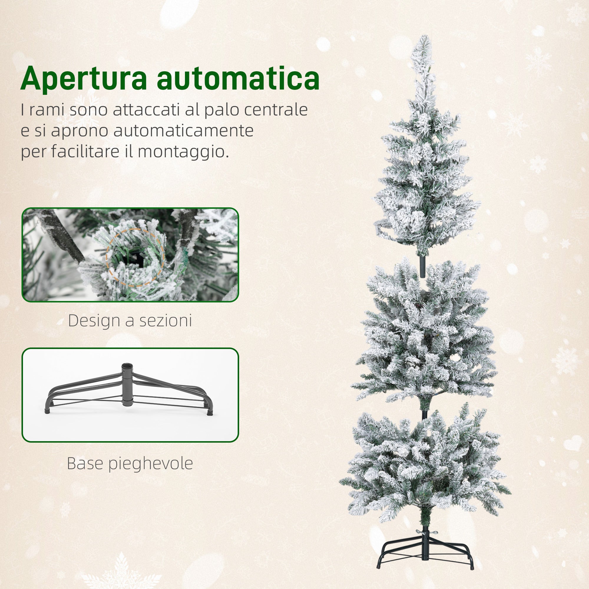 Snow-Covered Christmas Tree with 180 LED Lights, 11 Effects and 479 Branches, Ø65x180 cm, Green and White