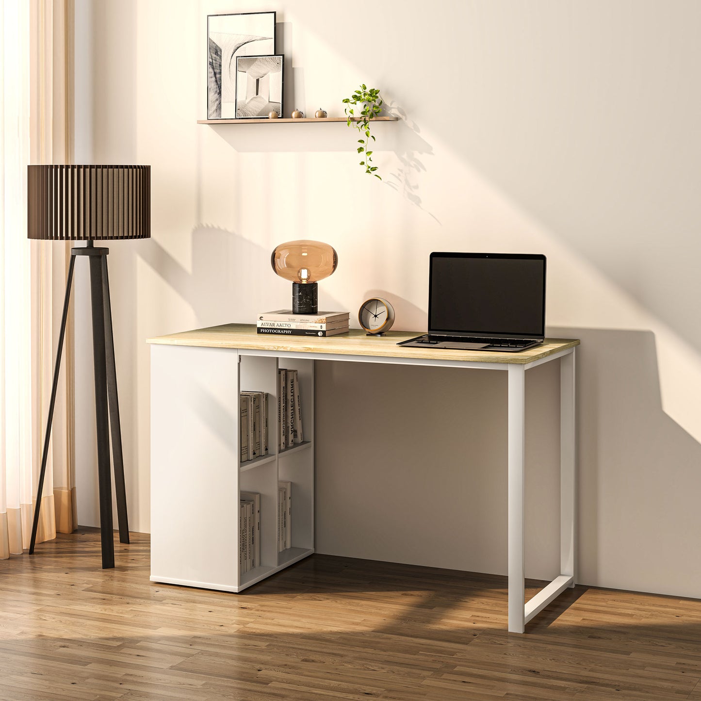 Space-Saving Computer Desk with 4 Open Shelves, Wood and Steel, 120x54x75 cm, White and Oak