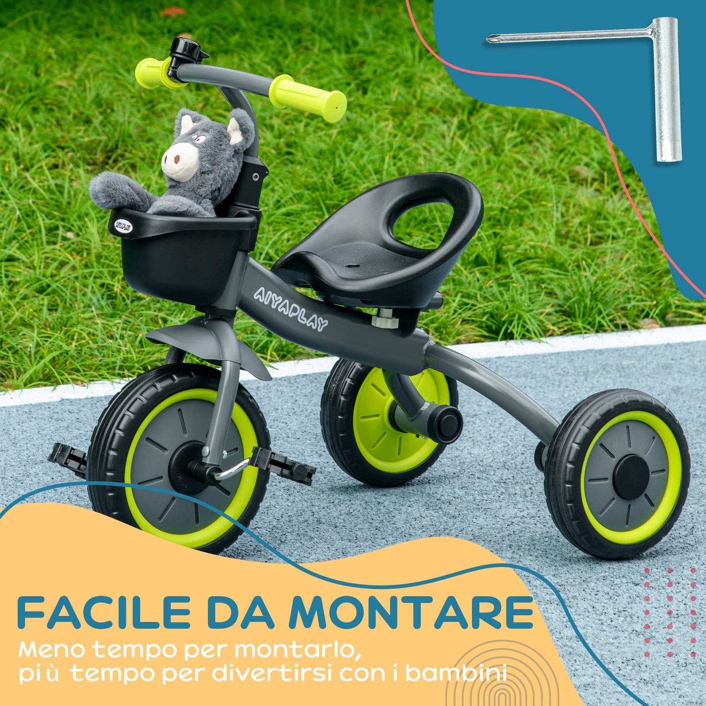 Children's Tricycle for 2-5 Years with Adjustable Seat and Bell, 70.5x50x58cm, Black