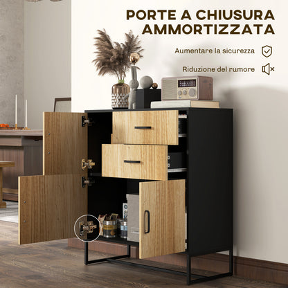 Modern Sideboard with 3 Cabinets and 2 Drawers, in Chipboard and Steel, 80x35x88 cm, Black and Wood Color