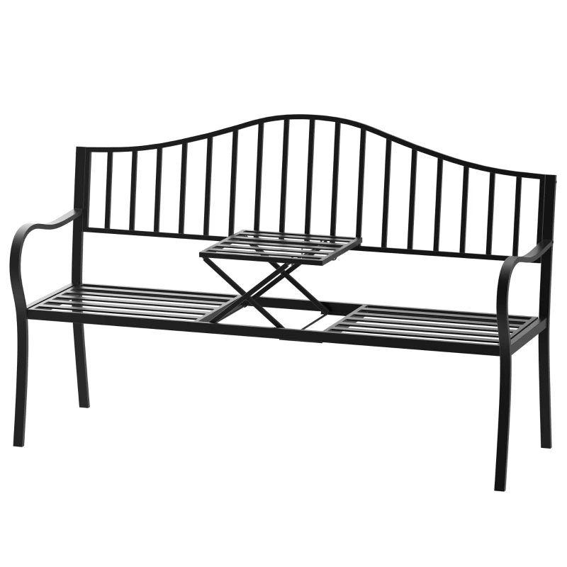 2-Seater Outdoor Bench, Garden Bench with Extendable Metal Table 150 x 53 x 95 cm Black - Borge' Group Limited