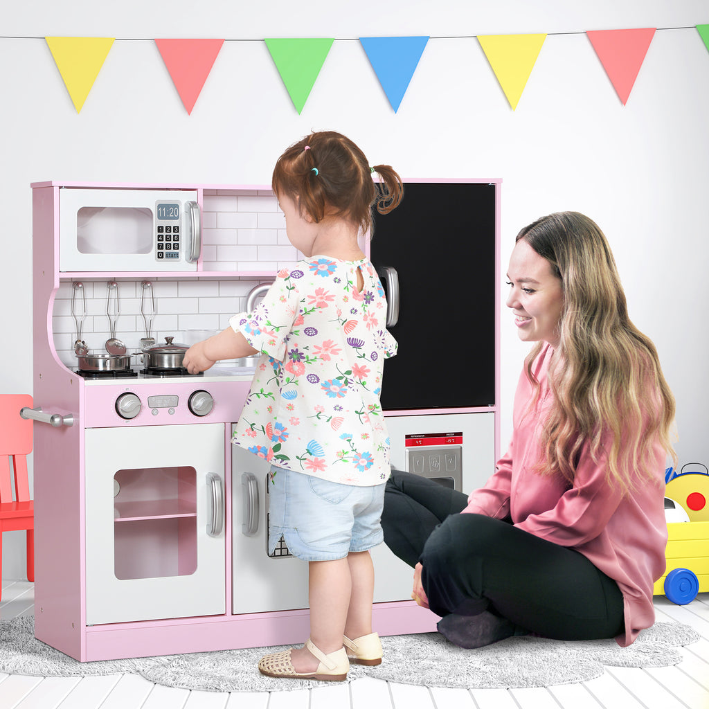 Wooden Toy Kitchen for Kids Ages 3-8 with Stove, Microwave, Sink, and Accessories, Pink