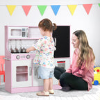 Wooden Toy Kitchen for Kids Ages 3-8 with Stove, Microwave, Sink, and Accessories, Pink