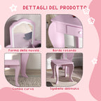 Girls' Dressing Table Set with Makeup Mirror and Matching Wooden Stool, Drawer and Storage, Pink