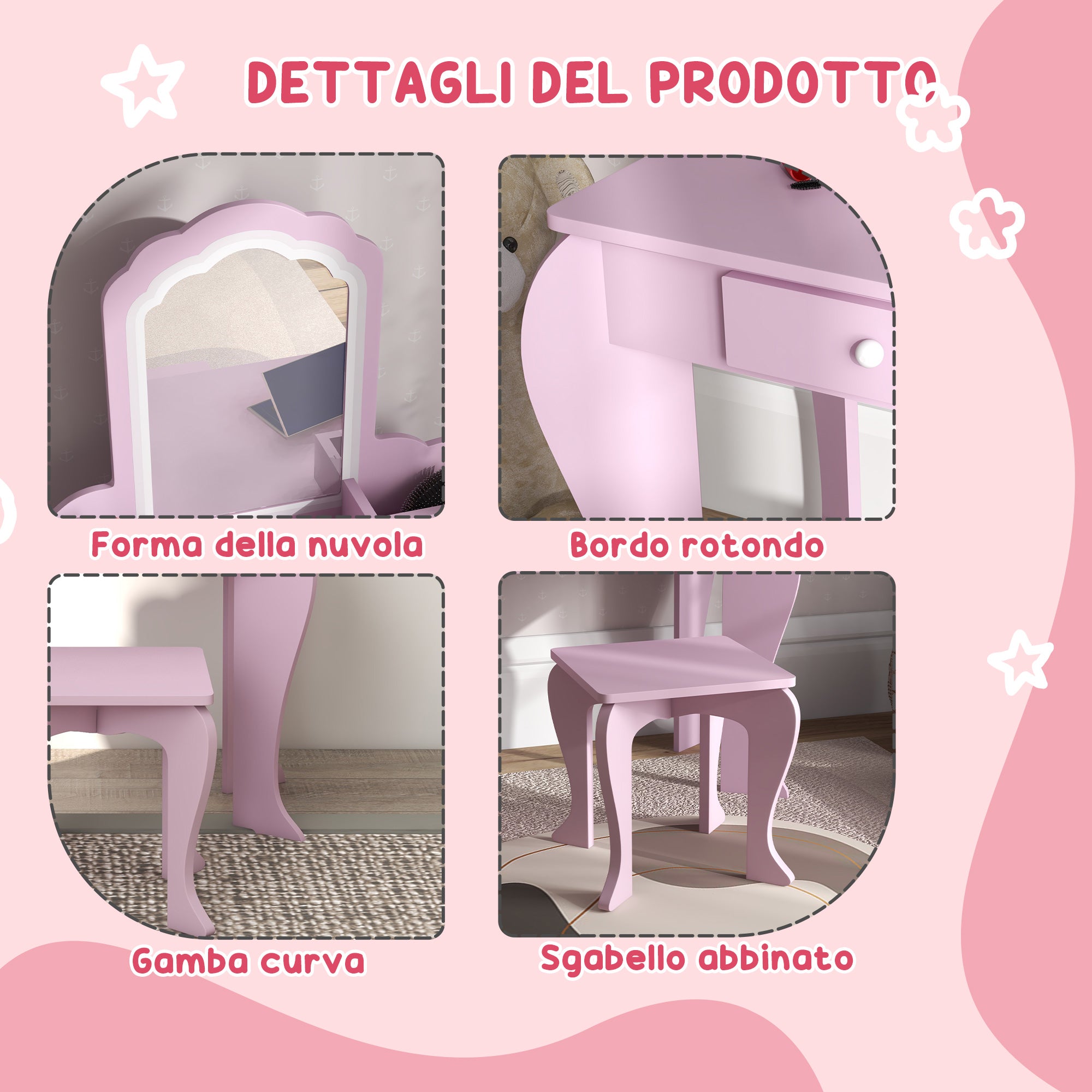 Girls' Dressing Table Set with Makeup Mirror and Matching Wooden Stool, Drawer and Storage, Pink