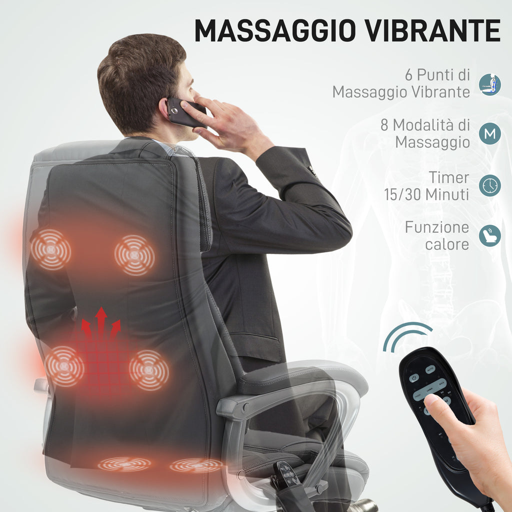 6-Point Massage Office Chair with Reclining Function, PU Leather and Steel, 66x72x113-121 cm, Carbon Grey